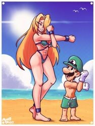 1boy 1boy1girl 1girls 2d 2d_(artwork) 2d_artwork abs beach bikini bikini_bottom bikini_top blonde_female blonde_hair brown_hair cartoon cartoony female light-skinned_female light-skinned_male luigi male mario_(series) marodraws metroid muscular muscular_female nintendo ocean samus_aran sfw stretching summer super_mario_bros. super_smash_bros. swimming_trunks tropical wholesome zero_suit_samus
