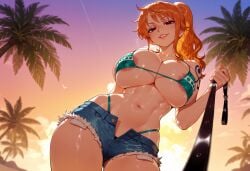 1girls ai_generated areola_slip areolae arm_tattoo balecxi bangs bare_shoulders beach bikini bikini_top bikini_top_only blue_shorts blue_sky blush breasts brown_eyes clavicle cleavage clothing cloud curvaceous curvaceous_female curvaceous_figure curvy curvy_figure cutoffs day denim denim_shorts earrings erect_nipples exhibitionism female female female_focus female_only from_below gradient_sky green_bikini green_swimsuit grin highleg highleg_bikini holding holding_leash huge_breasts inviting inviting_to_sex jewelry large_breasts leash leash_pull lips long_hair looking_at_viewer micro_bikini midriff nami_(one_piece) navel nipples ocean one_piece open_fly open_shorts orange_hair orange_sky outdoors outside palm_tree parted_lips ponytail presenting presenting_ass presenting_breasts presenting_hindquarters presenting_pussy presenting_self seductive seductive_look seductive_smile shiny_skin short_shorts shorts shoulder_tattoo skindentation sky smile solo standing stomach sunset sweat swimsuit tattoo thick_thighs thighs tree underboob unzipped viewer_holding_leash voluptuous voluptuous_female wardrobe_malfunction water wet wide_hips