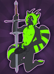 1boy anthro balls blush claws demon horn male male_only mammal melee_weapon pawpads pinkuh red_panda seph491 snake_penis snake_tongue solo sunburst_background sword tongue tongue_out weapon