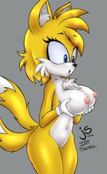 1girls 2016 big_breasts blue_eyes breasts clitoris clothing ellie_prower female female_only fur furry furry_only gloves handwear holding_breast jollysaunter lipstick mostly_nude naked nipples nude pussy rule_63 solo sonic_(series) surprised tail tails tailsko text thick_thighs video_games yellow_fur