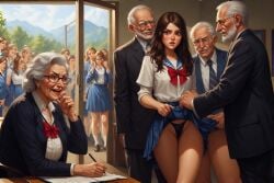 about_to_have_sex ai_generated audience black_thong brown_hair cute_face cute_girl exposed_thong exposing horny_grandpa older_male principal pulled_up_skirt punishment school_uniform skirt_lift taking_notes teachers three_on_one waiting_for_turn watching younger_female