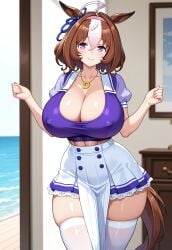 1girls ai_generated big_breasts breasts brown civitai covered_nipples detached_sleeves female hair horse_ears horse_girl horse_tail large_breasts light-skinned_female light_ meisho_doto_(umamusume) puffy_sleeves short_sleeves skin solo umamusume umamusume_pretty_derby white_hair