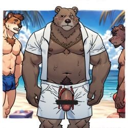 3boys abs bara bare_pectorals beach belly ben_bigger biceps blue_male_swimwear blue_sky blush brown_fur brown_hair bulge censored chain_necklace chains chest_hair closed_mouth cloud cloudy_sky coconut_tree erection erection_under_clothes furry furry_male jewelry looking_at_another looking_to_the_side male male_focus male_swimwear multiple_boys muscular muscular_male navel necklace nipples notice_lines ocean open_clothes open_mouth open_shirt orange_shorts palm_tree pectorals peisuky penis plump scar scar_across_eye scar_on_face shirt shorts sky sweat topless_male tree veins veiny_penis very_sweaty white_shirt white_shorts zenless_zone_zero