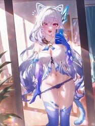 1girls :d ^^^ absurd_res ai_generated alternate_costume animal_ear_hairband animal_ears ass_visible_through_thighs bare_shoulders big_breasts black_panties blue_gloves blue_hair blue_panties blue_pupils blue_thighhighs blush bow bow_panties breasts butterfly_hair_ornament cat_ears cat_tail cellphone cleavage cowboy_shot curtains detached_sleeves drawing_(object) dress elbow_gloves fake_animal_ears fake_tail feet_out_of_frame female female_only female_pov fins genshin_impact gloves gradient_hair gradient_legwear grey_hair groin hair_between_eyes hair_intakes hair_ornament hairband hand_up heart heart-shaped_pupils holding holding_phone indoors kemonomimi_mode lace-trimmed_panties large_breasts light-skinned_female long_hair looking_at_mirror looking_at_viewer medium_breasts midriff ministro mirror multicolored_hair navel no_pants notice_lines off-shoulder_shirt off_shoulder open_mouth panties panty_pull phone photo_(object) picture_frame pink_eyes pink_hair plant portrait_(object) pulled_by_self purple_eyes purple_gloves purple_panties purple_thighhighs reflection selfie shirt sidelocks skirk_(genshin_impact) smartphone smile solo standing stomach symbol-shaped_pupils tail taking_picture teeth thigh_gap thighhighs thighs tongue torn_clothes torn_thighhighs underwear upper_teeth_only very_long_hair white_hair white_shirt
