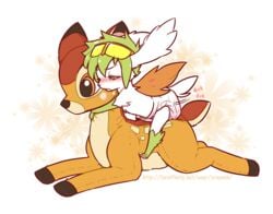 bambi_(character) bambi_(film) blush brown_eyes craymin crossover deer diaper disney dry_humping eyewear feral fur furry goggles green_hair hair legendary_pokemon male masturbation open_mouth pawpads paws plushie plushophilia pokemon pokemon_(species) shaymin sitting solo what white_fur yellow_eyes