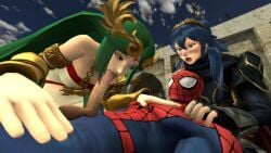 1boy 2girls armor bare_shoulders blue_eyes blue_hair blush bracer breasts cape cloud crown dress female goddess green_eyes green_hair hair_ornament jewelry long_hair lucina_(fire_emblem) male multiple_girls necklace open_mouth palutena shield short_hair sky spider-man straight tiara weapon