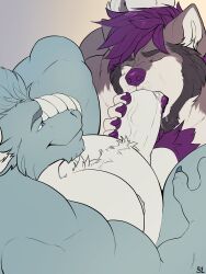 3:4 absurd_res anthro anthro_on_anthro balls big_balls big_penis blue_body blue_eyes blue_fur canid canine canis cheek_tuft claws closed_eyes domestic_dog dragon duo facial_tuft fellatio fur furred_dragon furred_scalie genitals gradient_background grey_body grey_fur hair hi_res husky lesterhusky male male/male mammal messy_hair mythological_creature mythological_scalie mythology narrowed_eyes nude open_mouth oral overweight overweight_anthro overweight_male pawpads penile penis purple_claws purple_hair purple_nose purple_pawpads purple_tongue scalie sex short_hair simple_background solaxe_(artist) tongue tongue_out tuft vein veiny_penis white_balls white_body white_fur white_penis