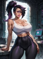 1_eye ai_generated athletic_female big_breasts black_tights breasts curvy_hips cyclops_female female futurama leela moonchild41 ponytail promptchan.ai purple_hair thick_thighs turanga_leela white_tank_top