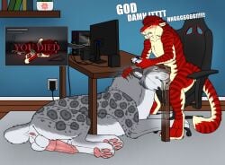 animal_genitalia animal_penis anthro anthro_on_feral anthro_penetrated balls big_fangs bodily_fluids closed_eyes cum cum_in_mouth cum_inside cum_on_chin cum_string duo erection fangs felid feline_genitalia feline_penis feral feral_penetrating feral_penetrating_anthro fur gaming genital_fluids genitals grey_body grey_fur hair hi_res inside killthe_demon male male/male male_penetrated male_penetrating male_penetrating_male mammal markings nude oral oral_penetration pawpads penetration penis penis_in_mouth pink_pawpads playing_video_game red_body red_fur red_hair sex short_hair sitting spotted_back striped_arms striped_legs striped_markings striped_tail stripes tail tail_markings teeth under_the_table white_balls white_body white_fur yellow_balls yellow_body yellow_fur zoophilia