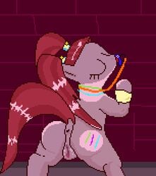 1girls 2016 against_wall animal_genitalia anus ass closed_eyes cutie_mark earth_pony equine female feral friendship_is_magic fur furry hair horse jewelry mammal my_little_pony necklace pacific_glow_(mlp) pacifier pink_fur pink_hair pixel_art pony presenting pussy solo sugardungeon_(artist) tail tied_hair twintails