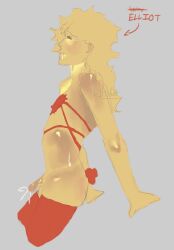 1boy bra_only brown_eyes cum_drip elliot_(forsaken) elliot_(work_at_a_pizza_place) erect_penis forsaken_(roblox) gray_background k1ttyfuel lingerie male male_only messy_hair oiled_skin penis red_lingerie roblox roblox_game robloxian self_upload tagme thigh_highs thighhighs watermark yellow_hair yellow_skin