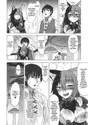 1boy 1girls ahe_gao black_and_white cat_ears cat_girl cheshire_cat cheshire_cat's_welcome_to_wonderland cheshire_cat_(monster_girl_encyclopedia) comic doujin english_text mind_break monster_girl_encyclopedia tagme text