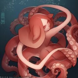 badou_(zhaoyebai) blue_background closed_mouth colored_skin completely_nude female fins from_above head_fins horizontal_pupils looking_at_viewer monster_girl nude original pink_skin scylla smile tentacle underwater watermark web_address zhaoyebai