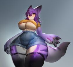 animal_ears areola_slip areolae bangs black_legwear blue_hair blush breasts covered_nipples cowboy_shot denim denim_shorts female from_below fur gradient gradient_background grey_background hair_between_eyes huge_breasts large_breasts long_hair looking_at_viewer looking_down monster_girl multi_tail multicolored_hair no_bra paws purple_hair purple_legwear red_eyes shorts skindentation standing tail tails thick_thighs thighhighs wide_hips wolf_ears wolf_girl wolf_tail yellow_eyes
