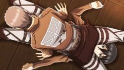 1boy 2boys all_fours belt black_eyes black_hair boots boy_on_top buckle emblem eren_yeager female indoors jacket levi_(shingeki_no_kyojin) long_sleeves lying male_focus mikasa_ackerman multiple_boys outstretched_arms pants paradis_military_uniform scarf short_hair sweatdrop sword thigh_strap three-dimensional_maneuver_gear uniform wall wooden_floor