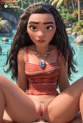 1boy 1boy1girl 1girls ai_generated artist_name black_hair bottomless breasts brown_eyes clitoral_hood clitoris collarbone dark_skin day disney disney_princess female female_pubic_hair forehead hi_res jewelry lips long_hair looking_at_viewer male moana moana_2 moana_waialiki necklace outdoors parted_lips penis pov pubic_hair pussy pussy_juice r34arts sitting small_breasts solo_focus spread_legs straight tree uncensored water wavy_hair