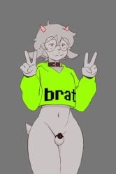 anthro blush blush_lines bovid brat_(charli_xcx) caprine chastity_cage chastity_device clothing collar crop_top eyewear femboy glasses goat hi_res hoodie horn male male_only mammal midriff navel shirt solo tail tam_tam_(tamdagoat) tamdagoat tammigoat topwear wearing_glasses