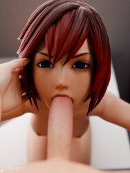 1boy 1girl1boy 1girls 3d blowjob blue_eyes female female ferd3d hand_on_cheek kairi kingdom_hearts looking_at_viewer nude nude_female penis red_hair sitting sitting_on_chair square_enix
