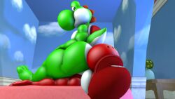 16:9 3d_(artwork) 4k absurd_res anthro ass big_butt clothing digital_media_(artwork) dinosaur duo facesitting green_yoshi hat headgear headwear hi_res lizard logdoesrenders looking_at_another looking_down male male/male mario_bros mariyoshi_(logdoesrenders) nintendo prehistoric_species red_yoshi reptile saddle scalie shell sitting_on_another source_filmmaker_(artwork) tail thick_thighs widescreen yoshi yoshi_(character)