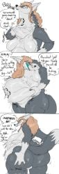 anthro belly_rub blonde_hair bones_in_stomach breasts canid canine comic death dialogue digestion duo english_text eyewear fatal_vore female female_pred fox fur glasses grey_body grey_fur hair hand_on_butt hand_on_own_butt hi_res itskorrie looking_pleasured mammal nude oral_vore rubbing_own_belly smug smug_face solo swallowing talking_to_prey teasing text vore