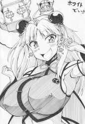 2girls :d animal_ears bare_shoulders blush breasts bun_cover covered_nipples curvy demon_tail double_bun dress earrings elbow_gloves female gloves greyscale hairpods huge_breasts jewelry large_breasts long_hair looking_at_viewer monochrome mouse_ears multiple_girls oerba_yun_fang older open_mouth sketch smile solo tail traditional_media wings