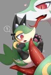 2_penises absurd_res animal_genitalia animal_penis anthro biped blush bodily_fluids cat_costume clothing costume cute_fangs duo erection eyelashes fangs female feral forked_tongue generation_5_pokemon genitals green_body grey_background hemipenes hi_res kalu_fox male multi_genitalia multi_penis multicolored_body nintendo open_mouth penis pokemon pokemon_(species) red_eyes serpentine serperior simple_background snivy speech_bubble sweat teeth tongue white_body yellow_body