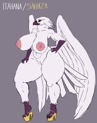 abs absurd_res anthro areola avian beak big_breasts breasts clothing feathers feet female footwear footwear_only genitals grey_background hi_res high_heels high_heels_only huge_breasts huge_thighs mostly_nude navel nipples non-mammal_breasts non-mammal_navel non-mammal_nipples orange_eyes revifrry shoes simple_background solo tail tail_feathers talons thick_thighs toes vulva white_body white_feathers wide_hips wings