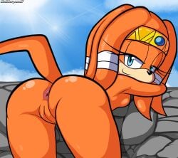 absurd_res anthro anus ass blackmore breasts day echidna female genitals half-closed_eyes hi_res light looking_back mammal monotreme narrowed_eyes nipples nude outside rock sega smile solo sonic_(series) sonic_adventure sonic_the_hedgehog_(series) sunlight tikal_the_echidna