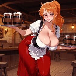 1girls ai_generated alcohol apron balecxi bangs bar_(place) beer beer_mug blush bodice bottle breasts brown_eyes cleavage clothing collarbone counter cup curvaceous curvaceous_female curvaceous_figure curvy curvy_figure dirndl dominatrix dress drink drinking_glass earrings female female female_focus female_only frills german_clothes grin holding holding_cup holding_tray huge_breasts indoors inviting inviting_to_sex jewelry large_breasts leaning_forward lips long_hair looking_at_viewer mug nami_(one_piece) oktoberfest one_piece orange_hair ponytail presenting presenting_breasts presenting_self puffy_short_sleeves puffy_sleeves red_skirt seductive seductive_look seductive_smile short_sleeves sidelocks skirt smile solo standing table thighs tray voluptuous voluptuous_female waist_apron waitress white_apron wooden_floor