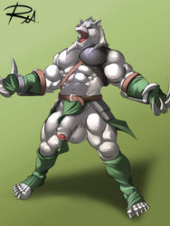 abs anthro balls big_balls big_muscles big_penis canine clothing flaccid front_view full-length_portrait full_length humanoid_penis loincloth male_only mammal muscular open_mouth partially_retracted_foreskin pecs penis portrait reclamon roaring shining_(series) shining_force signature solo spread_legs spreading uncut video_games werewolf wolf zylo