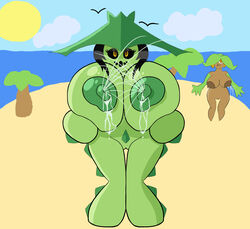 2girls areolae beach black_sclera breast_grab breasts brown_skin cacturne eyelashes female green_skin half-closed_eyes huge_breasts lactation looking_at_viewer milk nintendo nipples nora nude outdoors pokemon pokemon_(species) pokemon_rse pussy red_eyes sand smile standing tami_(elfdrago) tami_(metachoke) thigh_gap tropius video_games whiteyounglink2 yellow_eyes