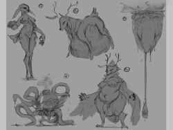 4:3 anthro antlers avian balls belly big_belly breasts bulb concept_art deer dripping elemental_creature female feral flora_fauna futanari genitals grey_background hi_res hooves horn huge_belly hybrid implied_transformation intersex mammal monochrome nipples overweight overweight_anthro overweight_feral overweight_intersex penis plant plant_vore pthalo pussy simple_background tentacle vines vore vulva