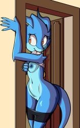 2025 anthro blue_body bottomwear bottomwear_down breasts clothed clothing clothing_lift digital_drawing_(artwork) digital_media_(artwork) fan_character female fours_(artist) fourssss gecko genitals hi_res inviting inviting_to_sex leaning_on_wall lizard nipples partially_clothed presenting presenting_vulva pussy raised_clothing raised_shirt raised_topwear reptile scalie shirt shirt_lift shorts shorts_down skitter_the_gecko solo topwear vulva