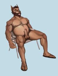 absurd_res balls beard body_hair brown_body canid canine chair chest_hair erection facial_hair fur furniture genitals hi_res humanoid male mammal musclegut muscular nicknoodle nipples nude penis pubes relaxing solo spread_legs spreading tongue