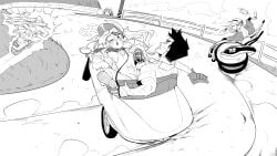 1boy 3girls absurdres animal_ears asahina_yoshitoshi bare_shoulders blue_archive blush car clothed_sex drifting fox_ears fuuka_(blue_archive) greyscale hair_between_eyes halo highres himari_(blue_archive) holding_boomerang jacket long_hair monochrome motor_vehicle multiple_girls one-piece_swimsuit powered_wheelchair seia_(blue_archive) seia_(swimsuit)_(blue_archive) sex stomach_bulge straight sunglasses swimsuit tongue tongue_out visor_cap wheelchair