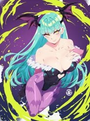 1girls adult adult_female ahoge antenna_hair atomicmarshmallow bare_chest bare_hands bare_shoulders bare_skin big_breasts black_leotard black_topwear blue_eyebrows blue_hair blue_hair_female breasts busty busty_female busty_girl capcom cleavage collarbone curvaceous curvaceous_body curvaceous_female curvaceous_figure curvaceous_hips curvaceous_thighs curvy curvy_body curvy_female curvy_figure curvy_hips curvy_thighs darkstalkers digital_drawing digital_media exposed_chest exposed_shoulders exposed_skin female female_focus female_only fingernails fingers groin hand_on_chest hand_on_own_chest head_tilt high_resolution highres hourglass_figure large_breasts lean_figure legwear leotard long_hair looking_at_viewer looking_up looking_up_at_viewer mature mature_female morrigan_aensland narrow_waist pantyhose parted_lips plump_breasts purple_background purple_legwear purple_pantyhose purple_stockings purple_tights shoulders simple_background slender_body slender_waist slim_waist smile smiley_face smiling smiling_at_viewer solo standing stockings thick_thighs thighs tights tilted_head topwear turquoise_eyebrows turquoise_hair turquoise_hair_female upper_body wide_hips yellow_eyes yellow_eyes_female