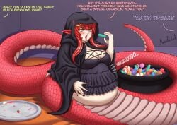 1girls bbw candy chubby chubby_female eating female halloween halloween_costume lamia meatpedal miia_(monster_musume) monster_girl monster_musume_no_iru_nichijou snake snake_girl weight_gain