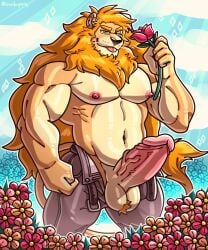 absurd_res anthro ball_tuft balls bottomwear clothed clothing erection eyewear felid flower fur garden genitals glasses glowing glowing_body glowing_skin hair hi_res lion long_hair male mammal michopanq muscular nipples open_bottomwear open_clothing open_pants orange_body orange_fur orange_hair pantherine pants partially_clothed pink_nipples plant pubes rose_(flower) solo tuft