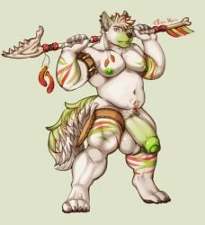 animal_ears bara blue_eyes claws erection food full_body furry green_background green_eyes holding jewelry looking_at_viewer male_focus navel no_humans penis plump rope signature simple_background single_horn solo standing stick tail testicles thick_thighs thighs wand weapon