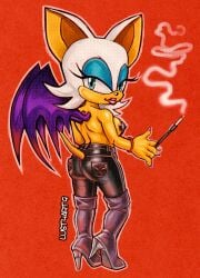 1girls barefoot bracelet breasts cameltoe cigarette cigarette_holder eyeshadow feet female furry furry_female green_eyes high_heel_boots leather_pants looking_back lust4art19 pasties rouge_the_bat sega sonic_(series) sonic_the_hedgehog_(series) tan_body thick_lips thigh_boots unbuttoned_pants white_fur wings wristwatch