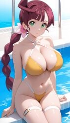 1girls ai_generated big_breasts bikini braid braided_hair breasts chloe_(pokemon) cleavage criss-cross_halter female green_eyes light-skinned_female light_skin long_hair pokemon pokemon_anime ryuzam single_braid solo tube_top tubetop underboob