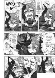 1boy 1girls ahe_gao cat_ears cat_girl cheshire_cat cheshire_cat's_welcome_to_wonderland cheshire_cat_(monster_girl_encyclopedia) comic doujin english_text facial fellatio mind_break monochrome monster_girl_encyclopedia straight tagme text