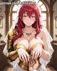 1girls ai_generated arm_armor armor armor_plates armored_female artifical_art bride female gold_armor gold_jewelry gold_necklace light-skinned_female light_skin long_hair magi:_the_labyrinth_of_magic myron_alexius perfect_body red_eyes red_hair
