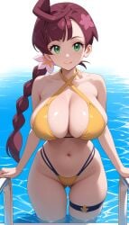 1girls ai_generated big_breasts bikini braid braided_hair breasts chloe_(pokemon) cleavage criss-cross_halter female green_eyes light-skinned_female light_skin long_hair pokemon pokemon_anime ryuzam single_braid solo tube_top tubetop underboob