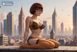 1girls ai_generated artist_name bird black-framed_eyewear bra breasts brown_hair building cartoon_network city cityscape cleavage collarbone garter_belt giant giantess glasses hanna-barbera hi_res lingerie lips medium_breasts navel no_shoes orange_bra orange_panties orange_thighhighs outdoors panties r34arts scooby-doo short_hair sitting sky skyscraper solo thighhighs underwear underwear_only velma_dinkley wariza warner_brothers