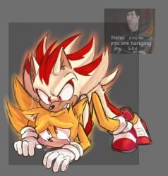 5_fingers all_fours anal anal_sex angry anthro ass_up bite bodily_fluids clothing doggy_style dracula_(hotel_transylvania) drooling duo ear_bite english_text eulipotyphlan fangs fingers footwear from_behind_position fur gloves hand_on_ground handwear hedgehog hug hugging_another hugging_from_behind humping inhibitor_ring inner_ear_fluff long_nose looking_up_at_partner male male/male mammal martyjade23 meme penetration questionable_consent quills_(anatomy) red_body red_eyes red_fur saliva sega sex shadow_the_hedgehog shoes sneakers sonic_the_hedgehog sonic_the_hedgehog_(film) sonic_the_hedgehog_(series) super_shadow super_sonic super_transformation tail tears teeth text thrusting tongue tongue_out tuft yellow_body yellow_fur