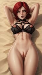 ai_generated armpits bra breasts cd_projekt_red female light-skinned_female lingerie mascara necklace nipples nude pussy red_hair shaved_pussy slave_collar solo solo_female tatarchuck the_witcher_(series) the_witcher_3:_wild_hunt triss_merigold