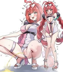 1girls absurd_res big_breasts bottomless braided_twintails breasts censored cleavage female glasses green_eyes heart heart-shaped_glasses heart_glasses highres large_breasts mosaic_censoring official_alternate_costume peeing pussy red_hair spread_legs squatting swimsuit tagme twin_braids twintails ukinami_yuzuha ukinami_yuzuha_(tanuki_in_broad_daylight) urine zenless_zone_zero