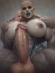 1futa ai_generated alien_futa bald balls body_horror breasts eyeshadow female futanari green_lipstick grey_skin grotesque intersex latex latex_suit lipstick male massive_breasts massive_penis monster_futa multi_head oc original_character penis solo solo_futa testicles tumor