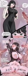 1boy 2boys 2koma 3koma after_sex bangs black_dress black_hair black_legwear black_shirt black_sweater blunt_bangs blush body_writing breasts bridal_gauntlets bukkake cleavage_cutout clitoris clothed_sex comic covered_navel covered_nipples cowgirl_position cum cum_in_pussy cum_on_body cum_on_breasts cum_on_upper_body cumdrip dress english_text erection eyebrows_visible_through_hair facial fellatio female fubuki_(one-punch_man) full-face_blush green_eyes grey_background half-closed_eyes heart heart-shaped_pupils instant_loss_2koma jewelry large_breasts large_penis lipstick long_dress long_hair looking_at_viewer lying makeup male_pubic_hair mmf_threesome multiple_boys multiple_penises navel necklace nipples no_panties nose_blush nude on_back open_mouth oral overflow paizuri_under_clothes penis profanity pubic_hair pussy sex shiny short_dress side_slit smile speech_bubble spread_legs standing straight sweat thighhighs tongue tongue_out torn_clothes trembling_penis uncensored v vaginal_penetration x-ray